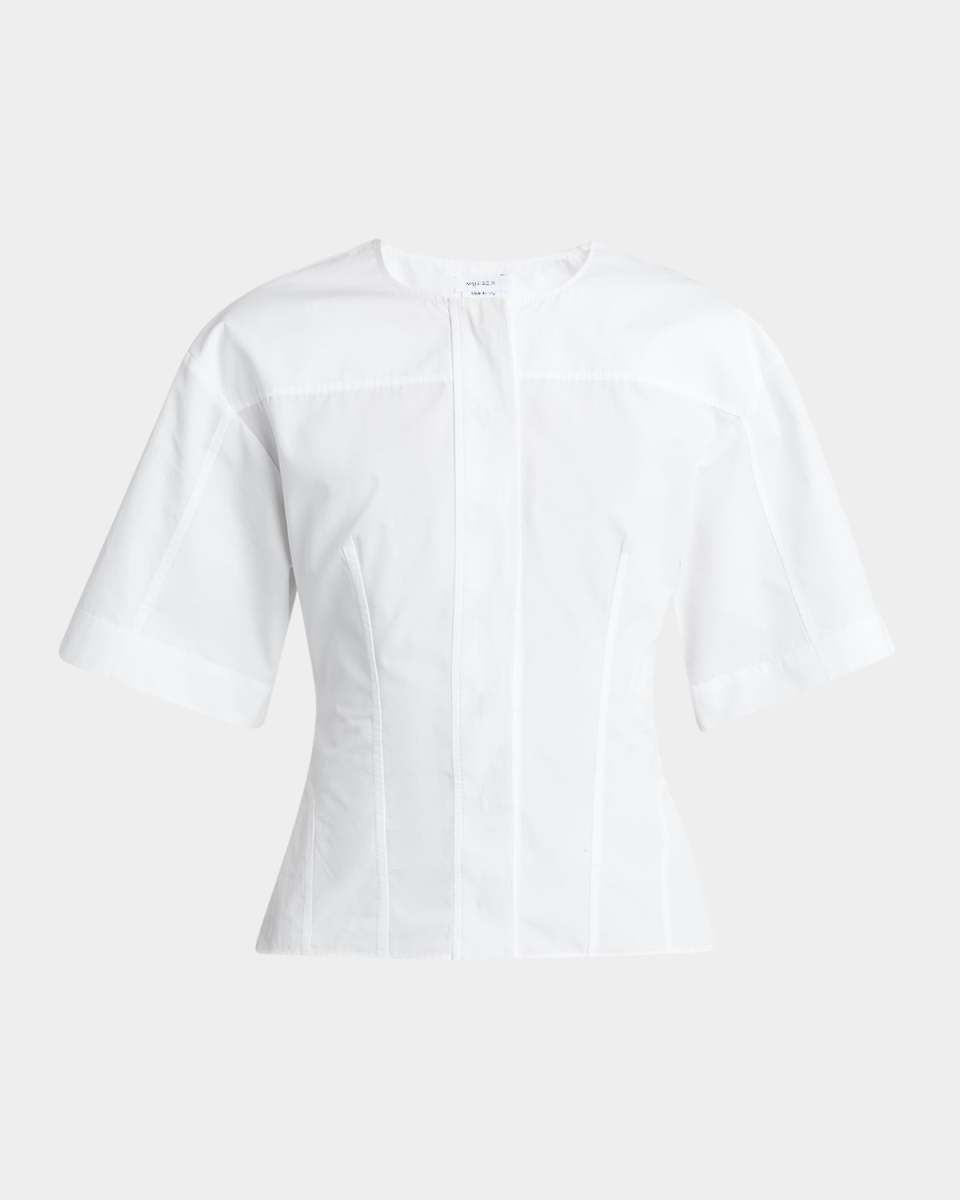 Short-Sleeve Corset Seamed Poplin Blouse